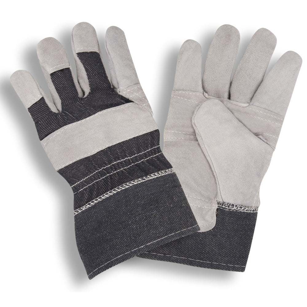 LEATHER PALM GLOVES - ECONOMY SPLIT, DENIM CUFF - Pack of 12