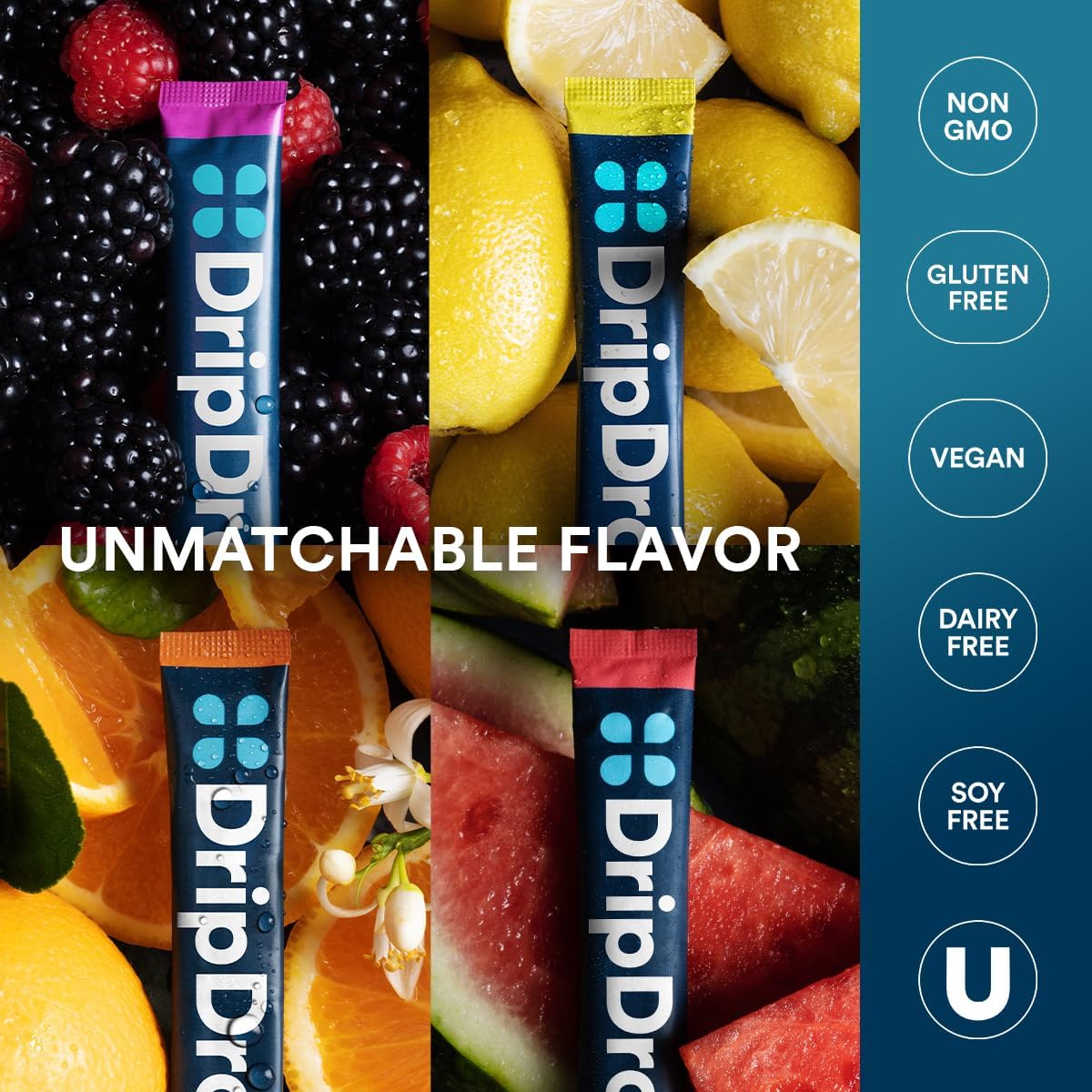 DripDrop ORS packets with fruit images and health benefits text on a blue background