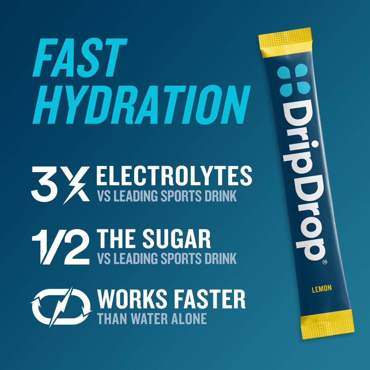 DripDrop electrolyte stick with text highlighting fast hydration benefits on a blue background