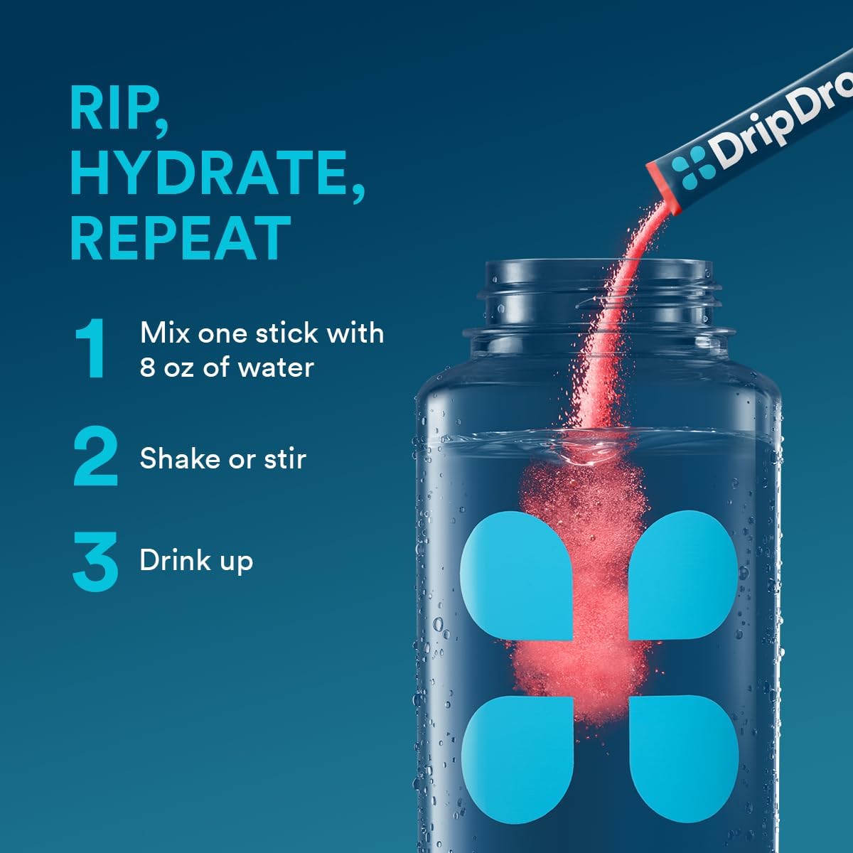 DripDrop product with thermos of water and red powder being added, on a blue background.