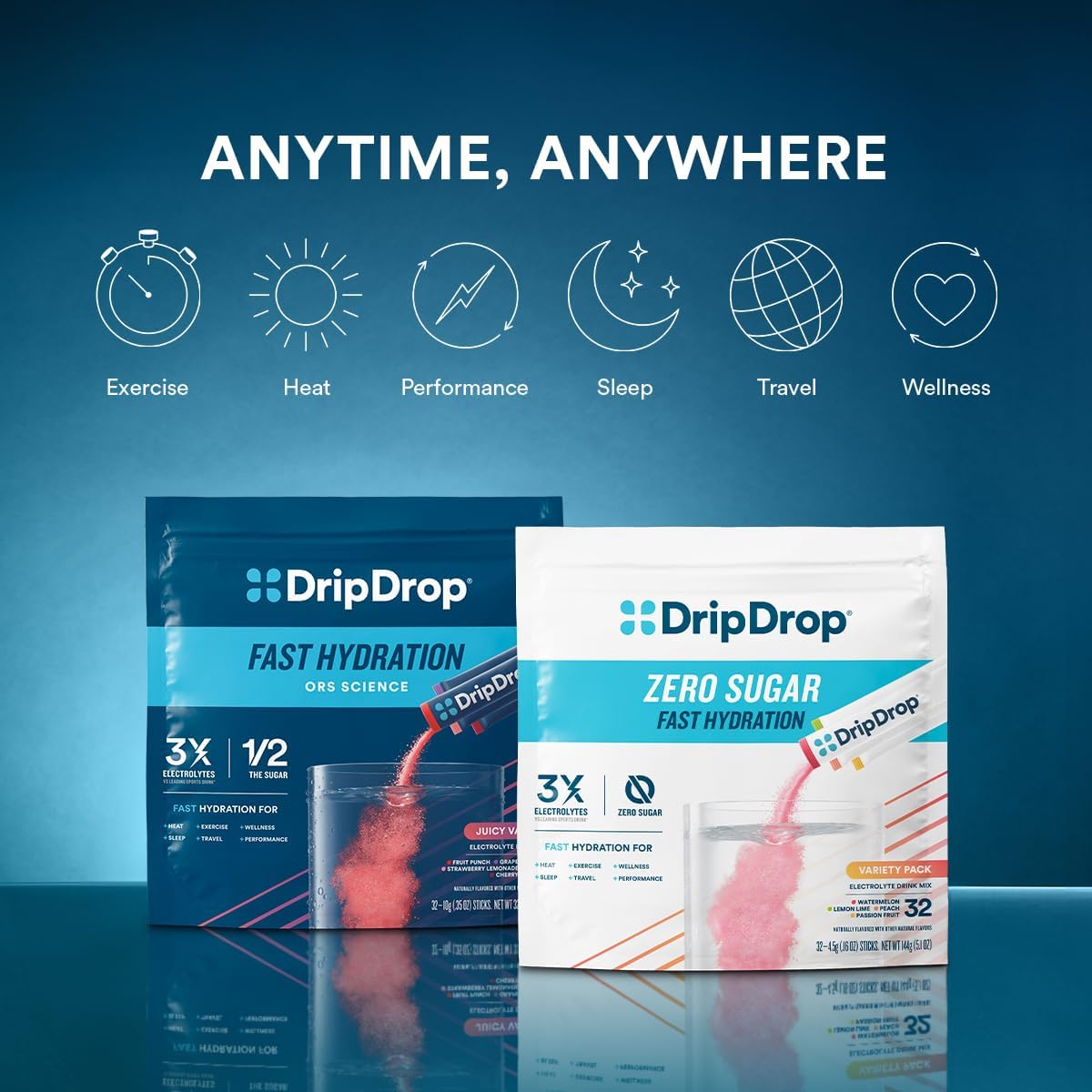 DripDrop hydration packets on a reflective surface with a blue gradient background