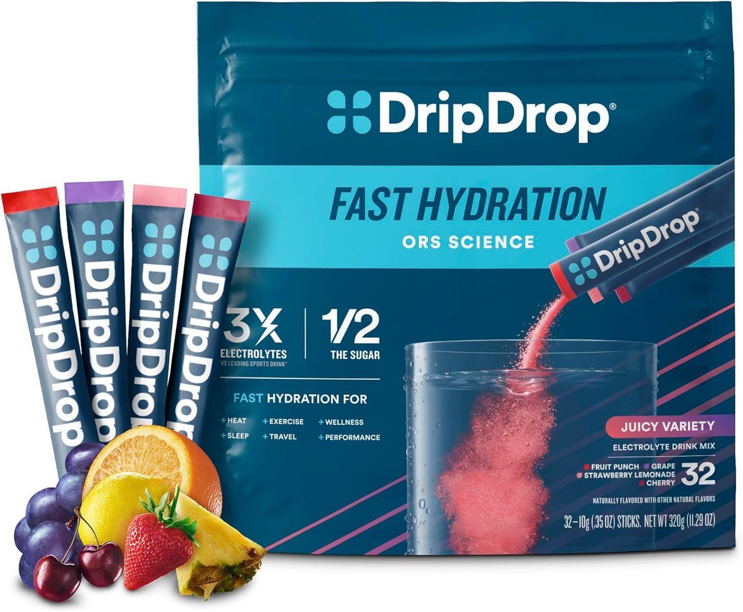 DripDrop ORS packets and packaging with fruit illustrations on a white background