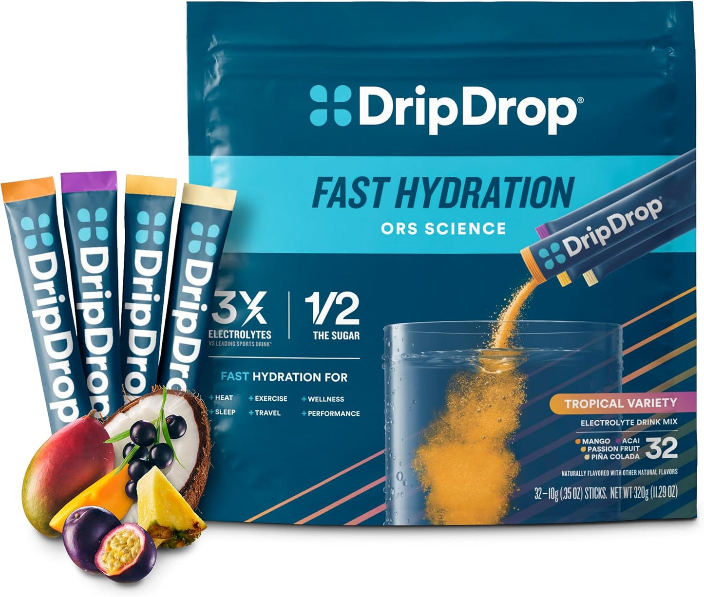 DripDrop ORS packaging with sticks and a pouch on a white background