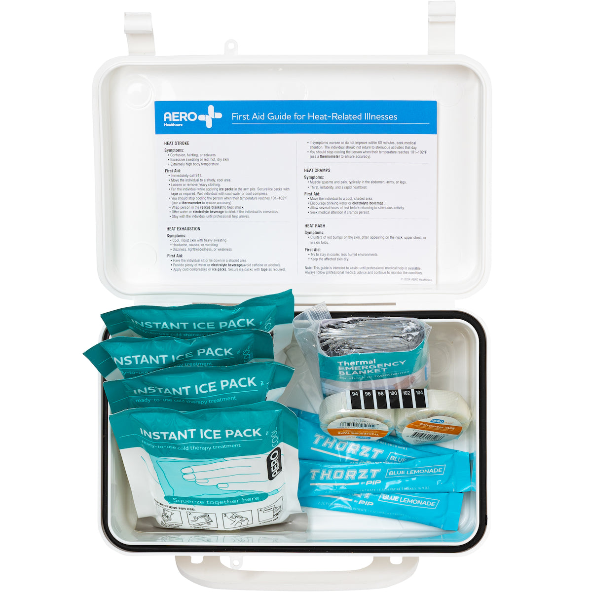Inside view of heat stress first aid kit and its contents - 4 instant ice packs, 4 drinks, 2 rolls of tape to secure the ice packs, an emergency blanket, and instructions for how to use the kit's contents for heat-related illnesses.