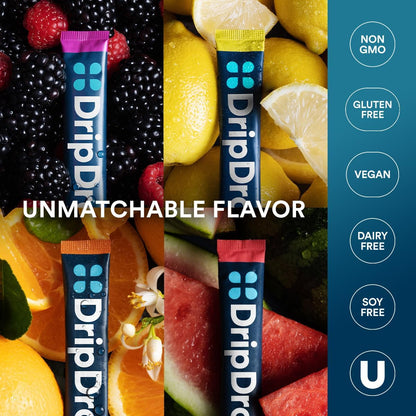 DripDrop ORS packets with fruit images and health benefits text on a blue background